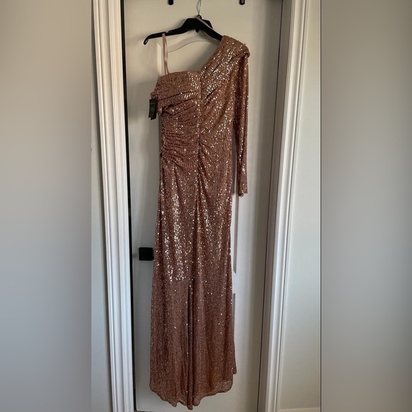 Nwt Ieena for Mac Duggal Sequined Drop Shoulder Faux Wrap Gown in Copper - Picture 6 of 15